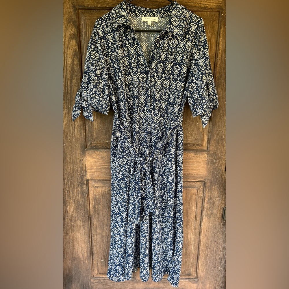 Lucky Brand Women's Navy Blue Floral Tie-Waist Midi Dress